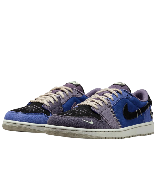 Vista lateral de las Air Jordan 1 Low OG Voodoo Alternate con tonos morados verdes y estética patchwork