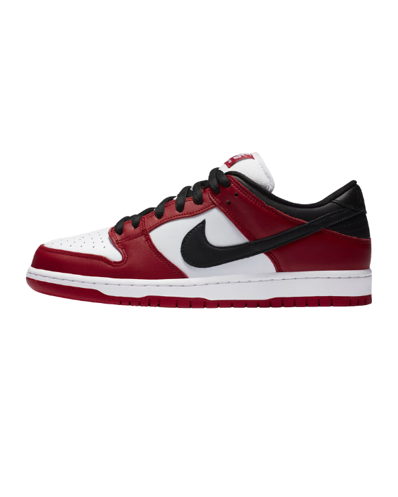 Nike SB Dunk Low Chicago vista lateral con colorway rojo blanco y negro