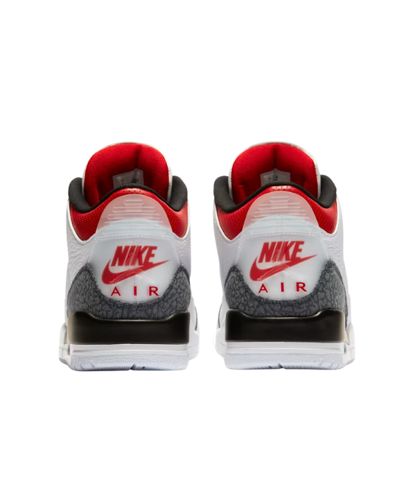 Detalles de las Air Jordan 3 Retro SE Fire Red Denim 2020 con talón translúcido y estética sneakerhead