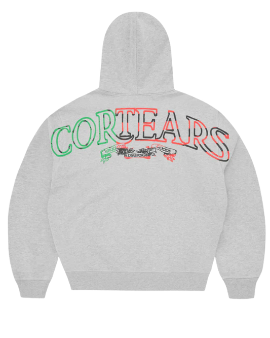 Detalle de la sudadera Corteiz x Denim Tears Cortears Royale Zip Hoodie Heather Grey con capucha y cremallera