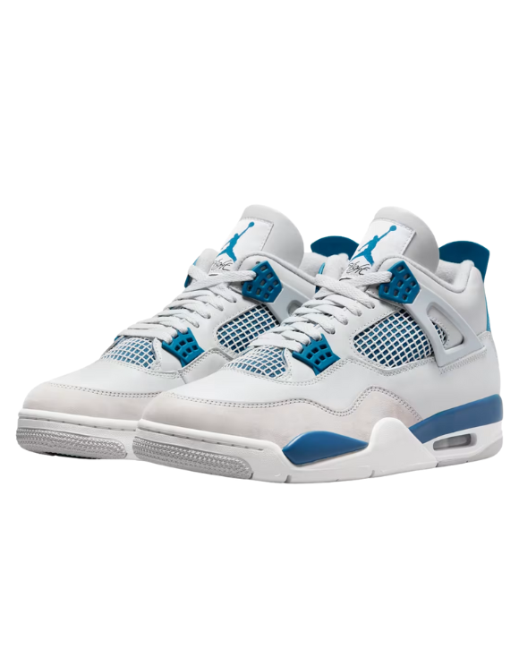 Vista lateral de las Air Jordan 4 Military Blue con detalles azul militar y base blanca