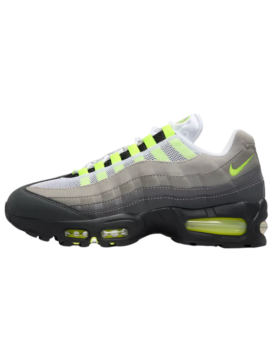 Detalle lateral de las Nike Air Max 95 OG Big Bubble Neon con mini Swoosh amarillo y paneles ondulados en gris