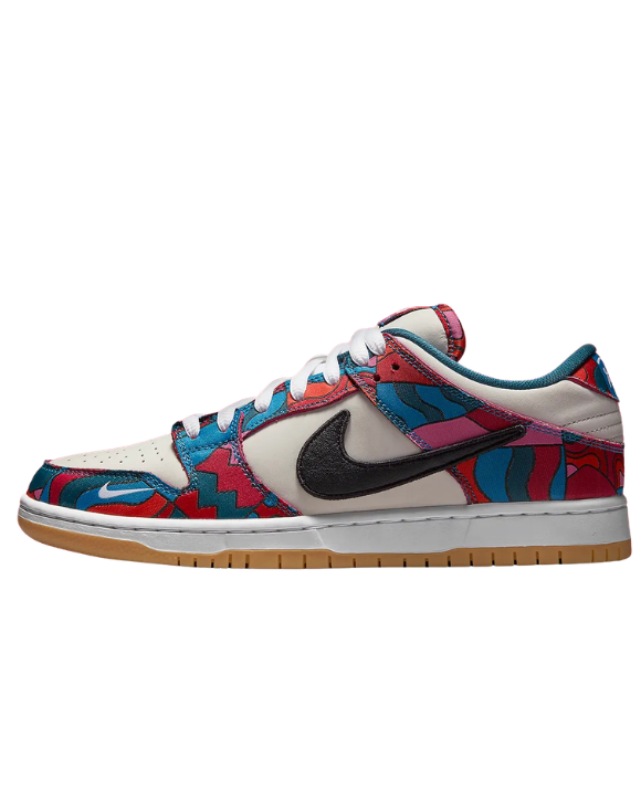 Nike SB Dunk Low Parra White Red Pink con Swoosh multicapa y base blanca