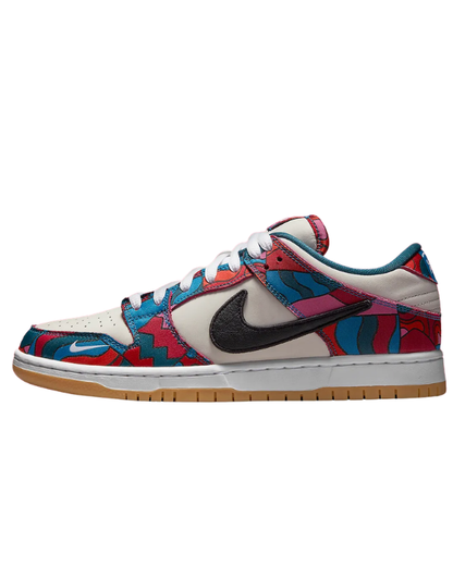 Nike SB Dunk Low Parra White Red Pink con Swoosh multicapa y base blanca