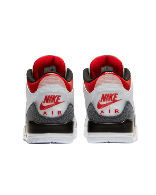 Detalles de las Air Jordan 3 Retro SE Fire Red Denim 2020 con talón translúcido y estética sneakerhead