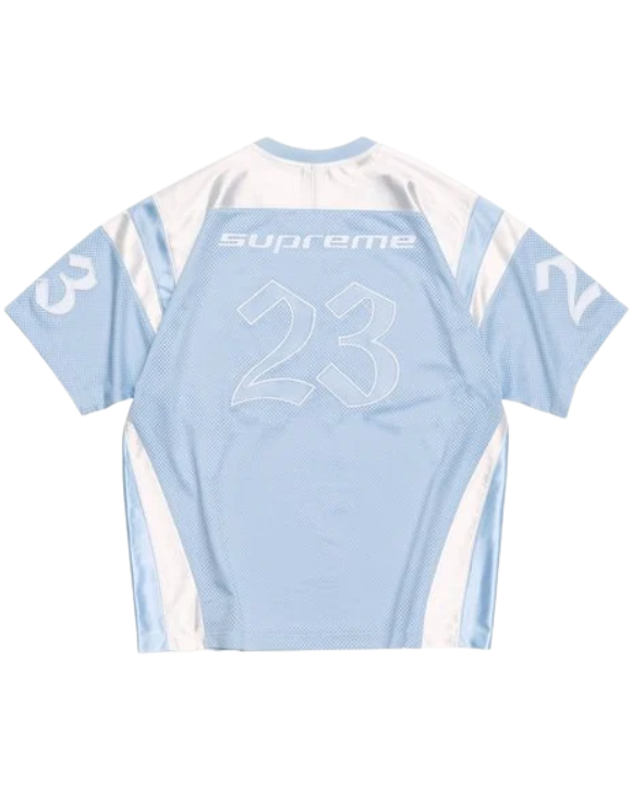 Vista de la Supreme Jordan Warm Up Jersey Light Blue para looks streetwear con zapatillas Jordan