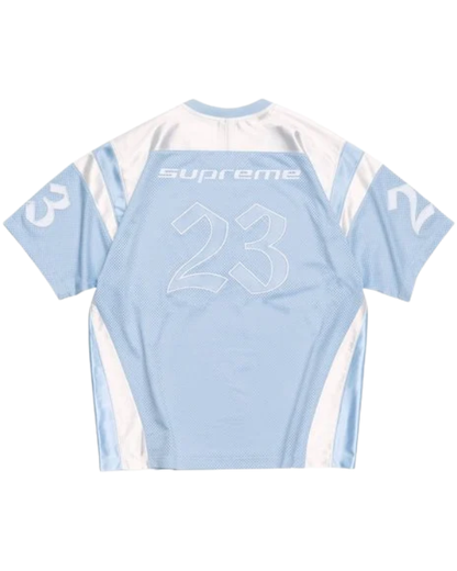 Vista de la Supreme Jordan Warm Up Jersey Light Blue para looks streetwear con zapatillas Jordan