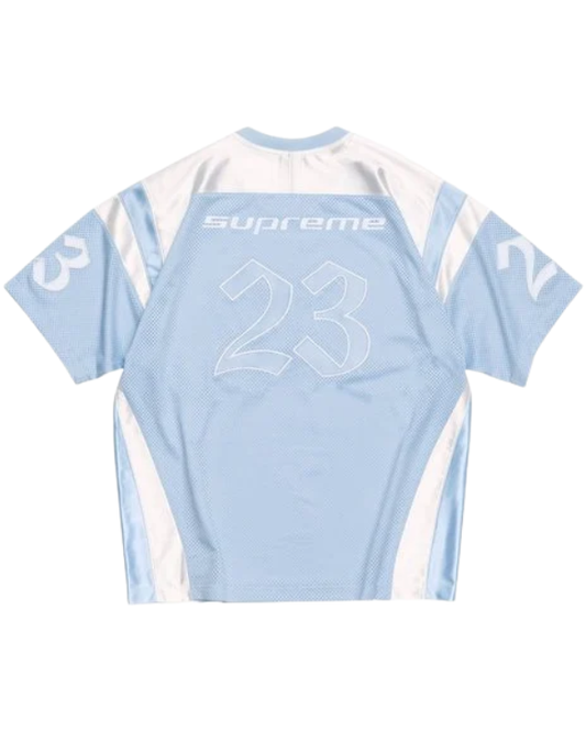 Vista de la Supreme Jordan Warm Up Jersey Light Blue para looks streetwear con zapatillas Jordan